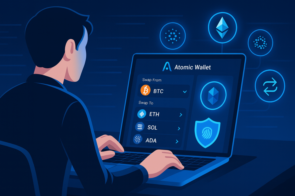 Person using Atomic Wallet on a laptop, reviewing available cryptocurrencies for a cross-chain swap.