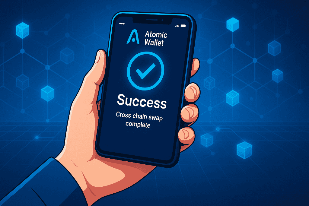 Successful Atomic Wallet transaction screen showing a completed cross-chain swap.