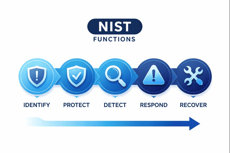 NIST framework diagram with five cybersecurity icons.