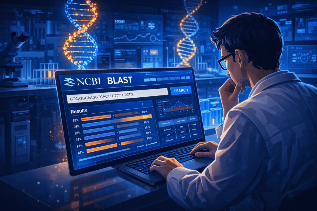 Researcher reviews NCBI BLAST search results with sequence input.