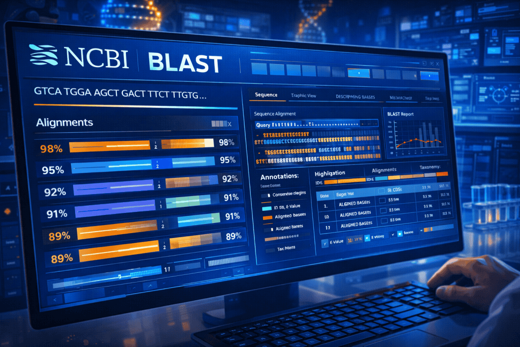 Close-up of BLAST alignment results with DNA comparison highlights.