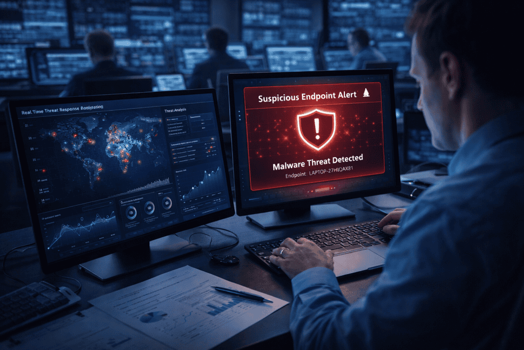 Security administrator investigates suspicious endpoint alert on threat dashboard.