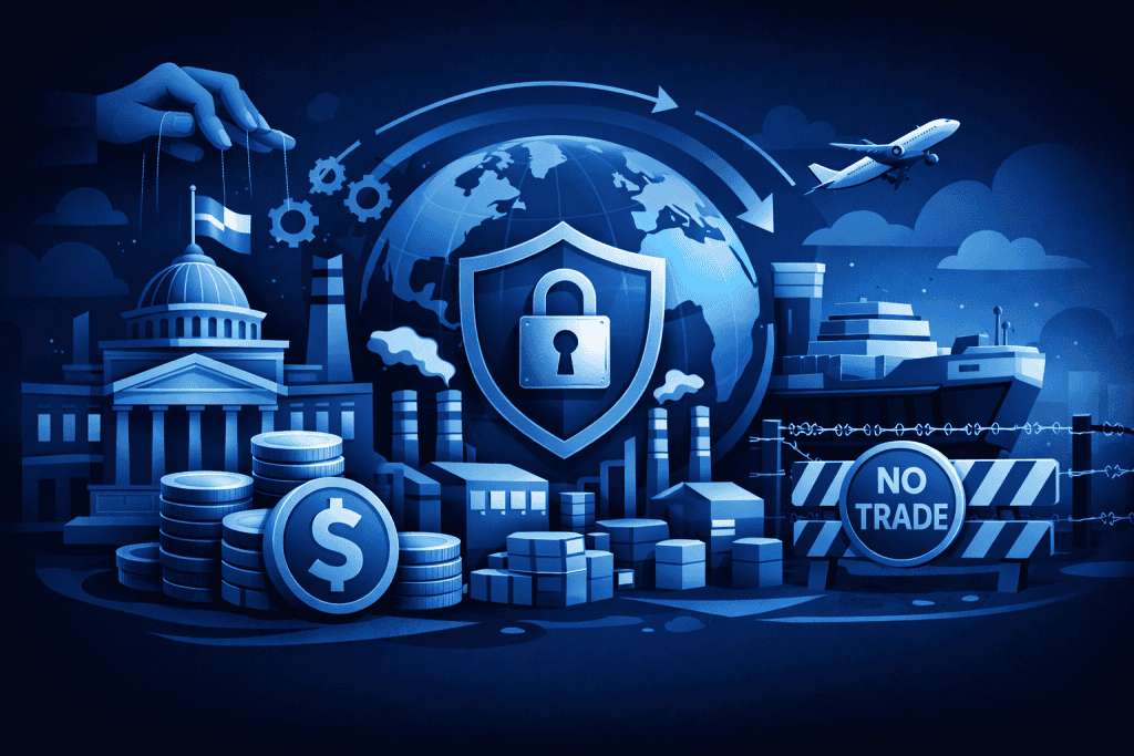 Blue-toned illustration of a closed economy with factories and trade barriers.