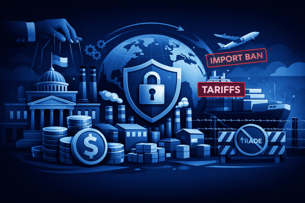 Blue-toned illustration of tariffs protecting domestic factories from imports.