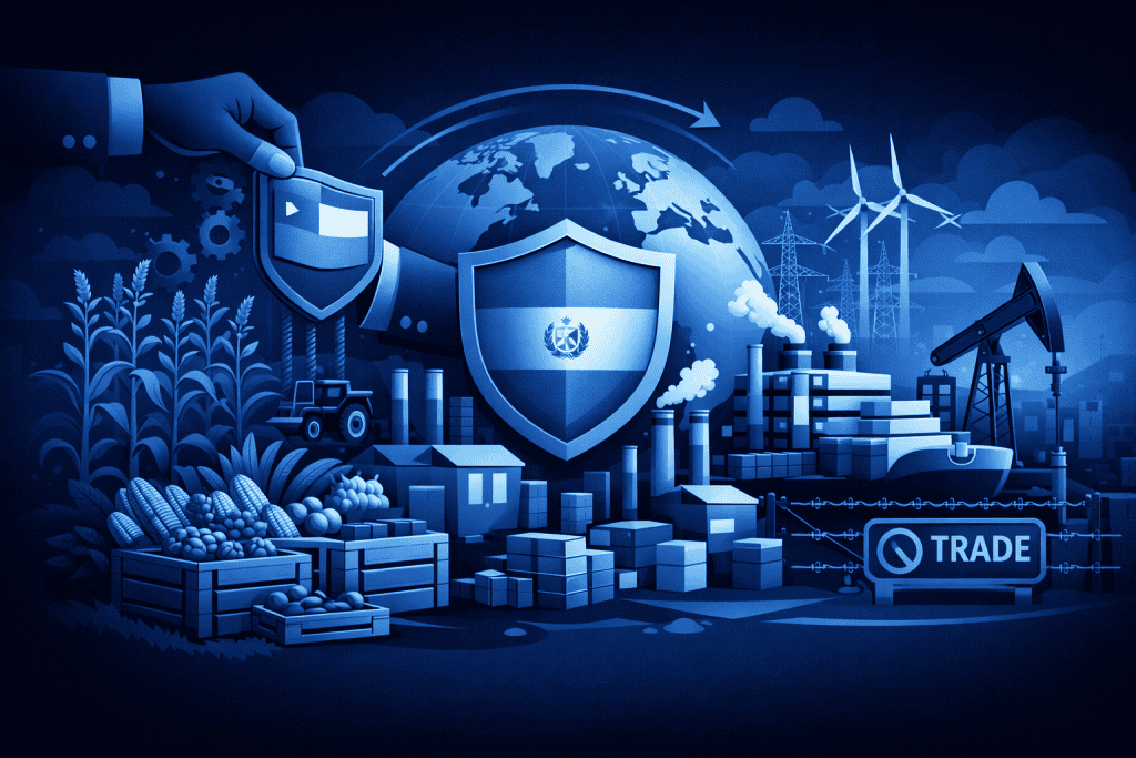 Blue-toned illustration of state-backed farming, energy, and factories.