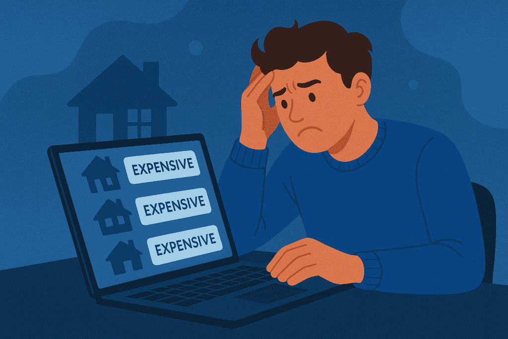 Frustrated homebuyer looking at expensive house listings on a laptop.