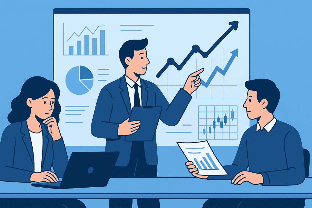 Investors analyzing stock market data with graphs and charts.
