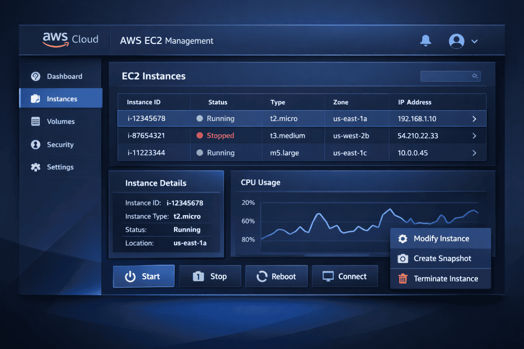 AWS EC2 dashboard with instance controls and configuration panels