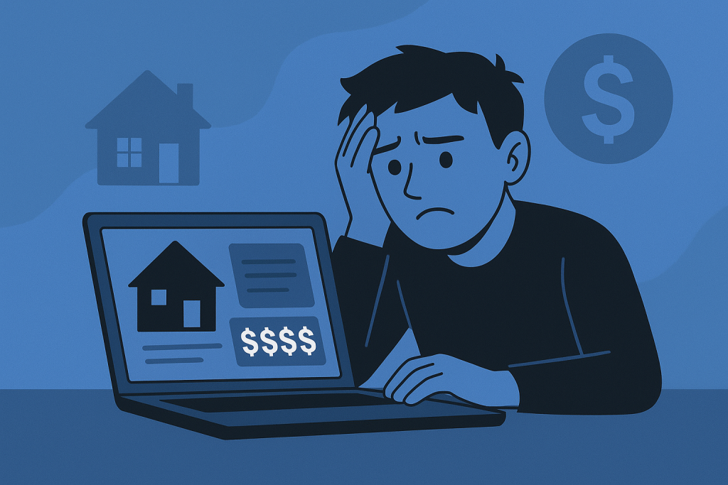 Frustrated homebuyer looking at expensive house listings on a laptop.