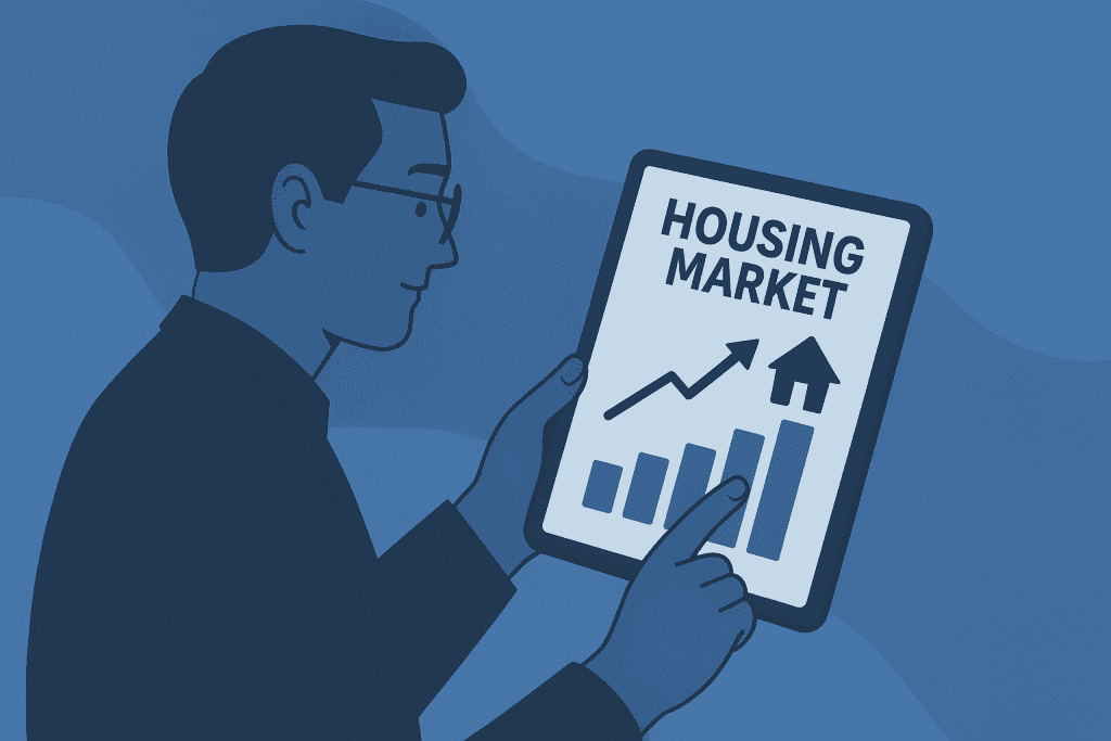 Real estate investor analyzing housing market charts on a tablet.