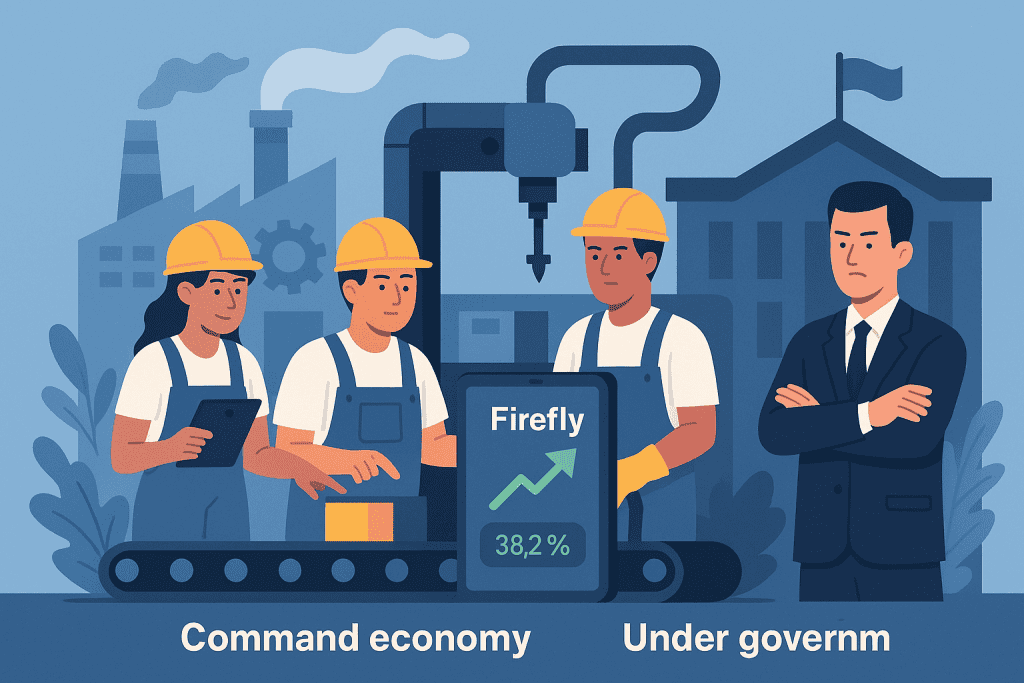 Factory workers operating under government supervision in a command economy