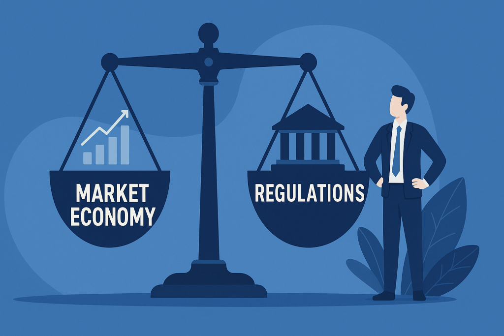 Market economy with government regulations ensuring stability and fairness.