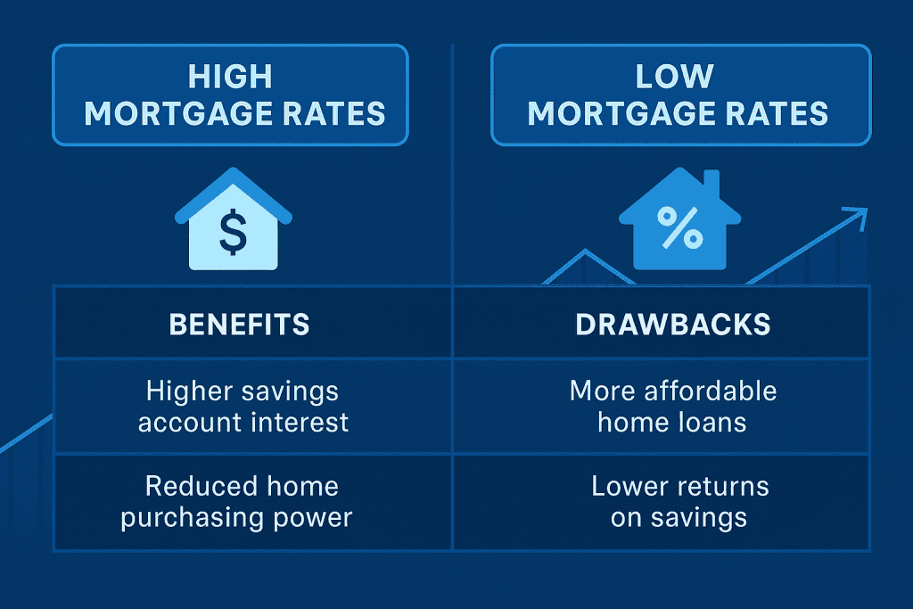 Table comparing benefits and drawbacks of high and low mortgage rates.