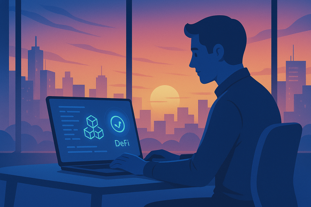 Remote blockchain engineer working on decentralized finance project at sunset.