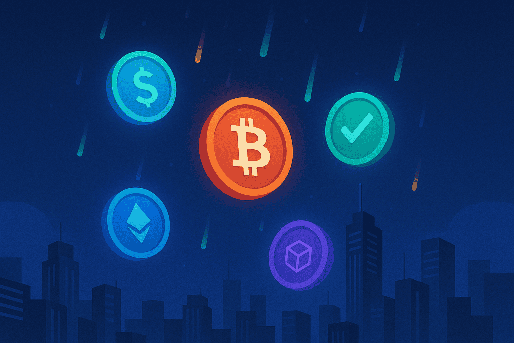 Colorful digital tokens floating from the sky in futuristic cityscape.