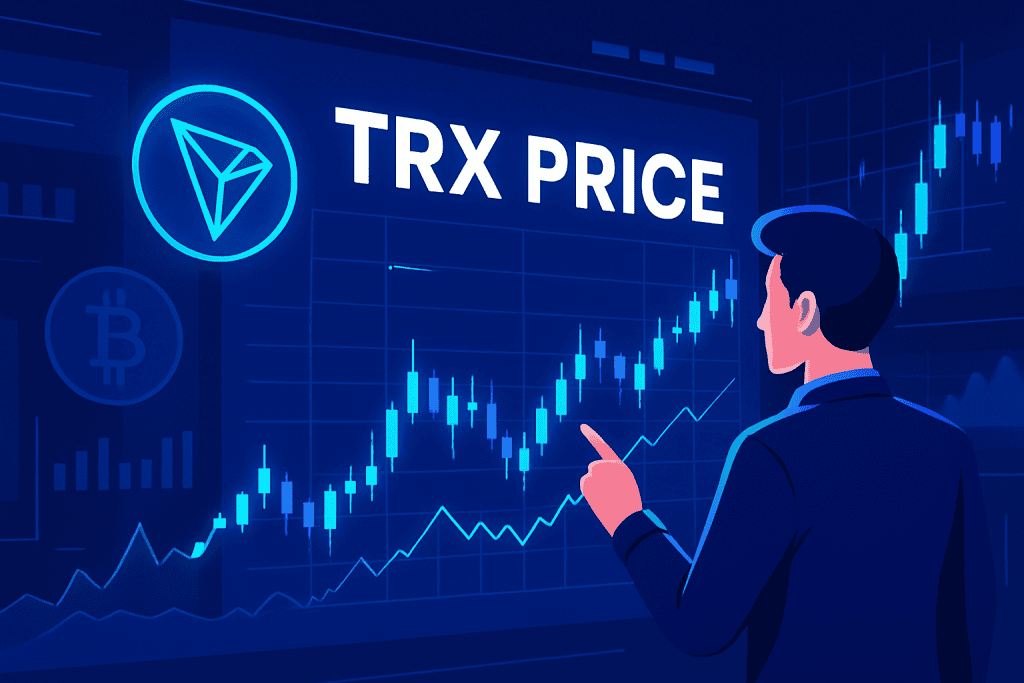 Futuristic crypto market with TRX Price charts and trader.