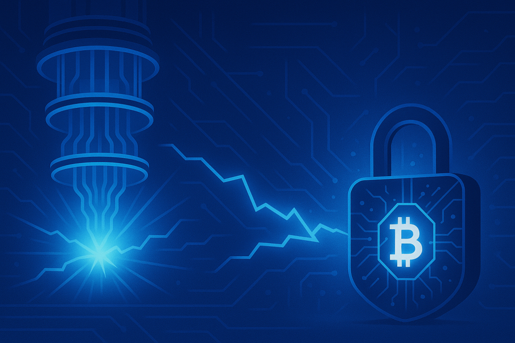 Quantum computing disrupting blockchain security with glowing crypto encryption.