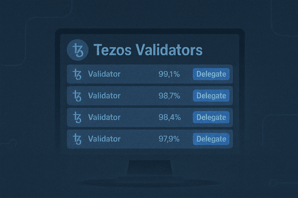 Computer screen with Tezos validators’ list with performance statistics and delegation options.