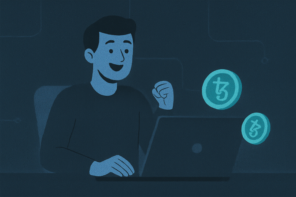 A happy crypto investor checking their Tezos staking rewards on a laptop.