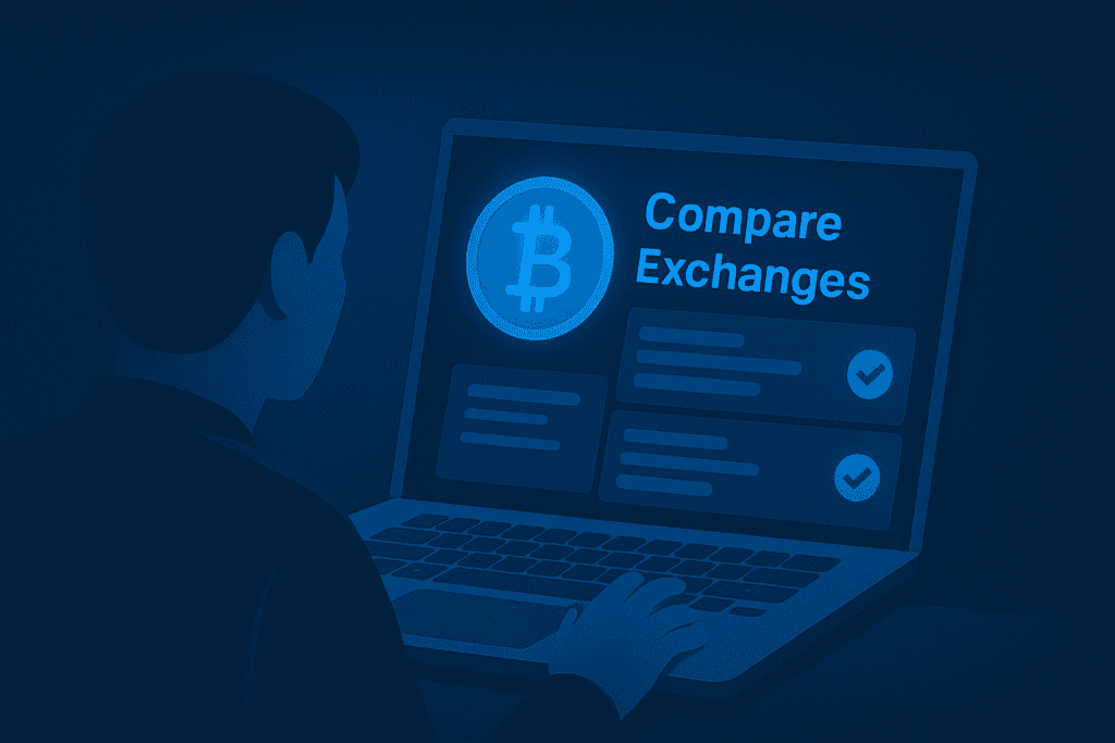 Comparing cryptocurrency exchanges on a laptop, with Bitcoin's logo on the screen.