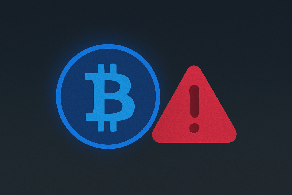 Warning sign with a red exclamation mark next to a digital Bitcoin symbol.