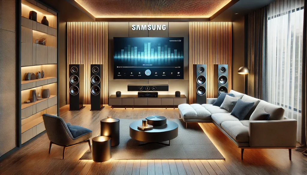 Samsung Surround Sound system in a modern living room, enhancing the home theater experience.