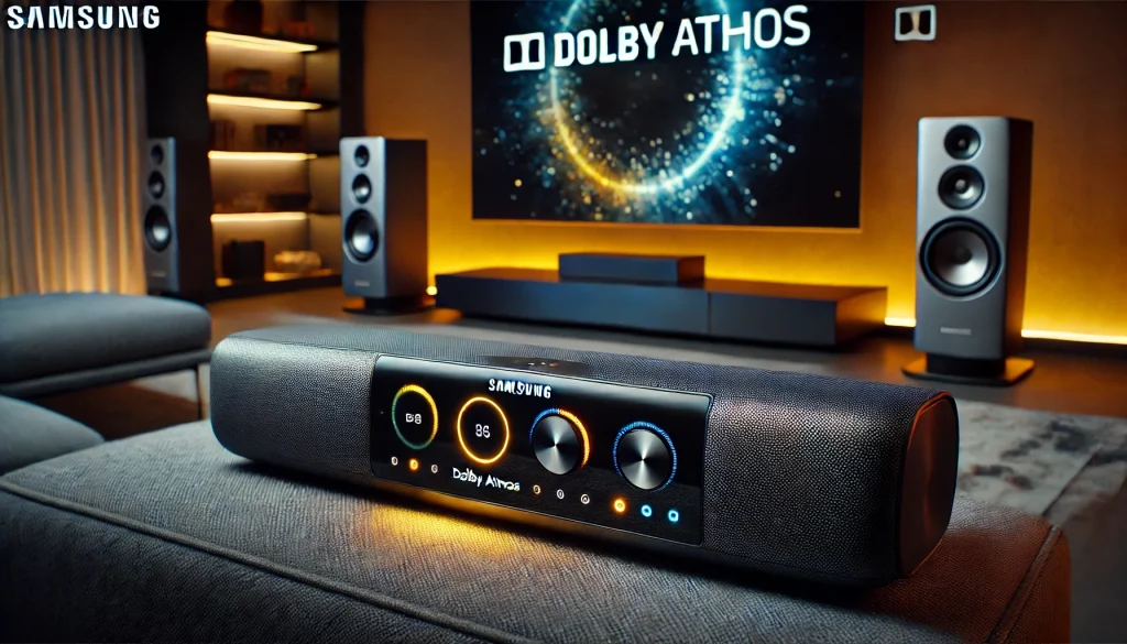 Close-up of a Samsung soundbar showcasing advanced Dolby Atmos technology in a contemporary setting.