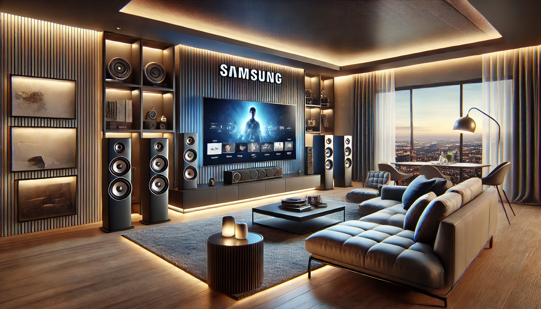 Samsung surround sound system in a stylish home theater.