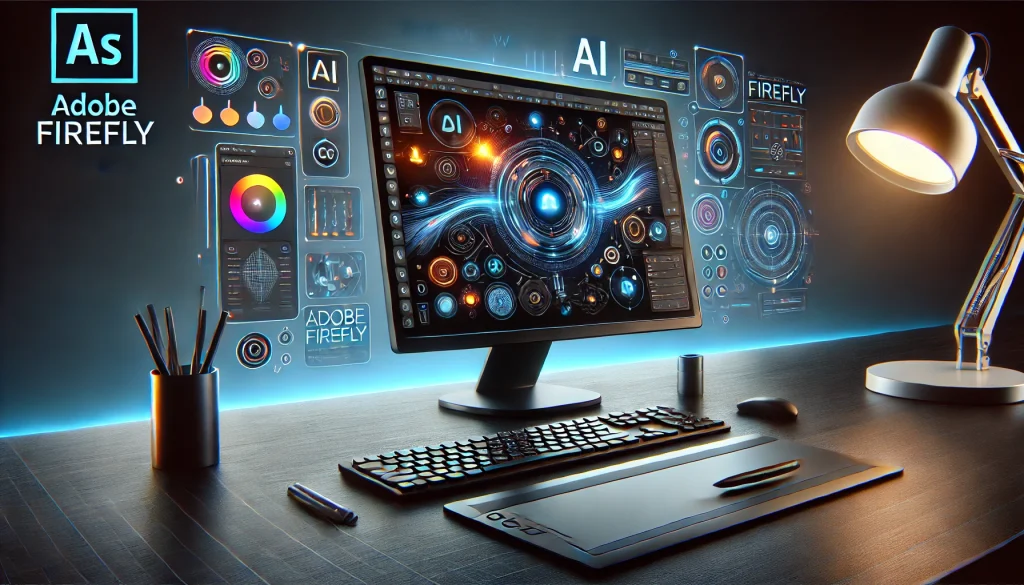 Overview of Adobe Firefly features displayed on a monitor.