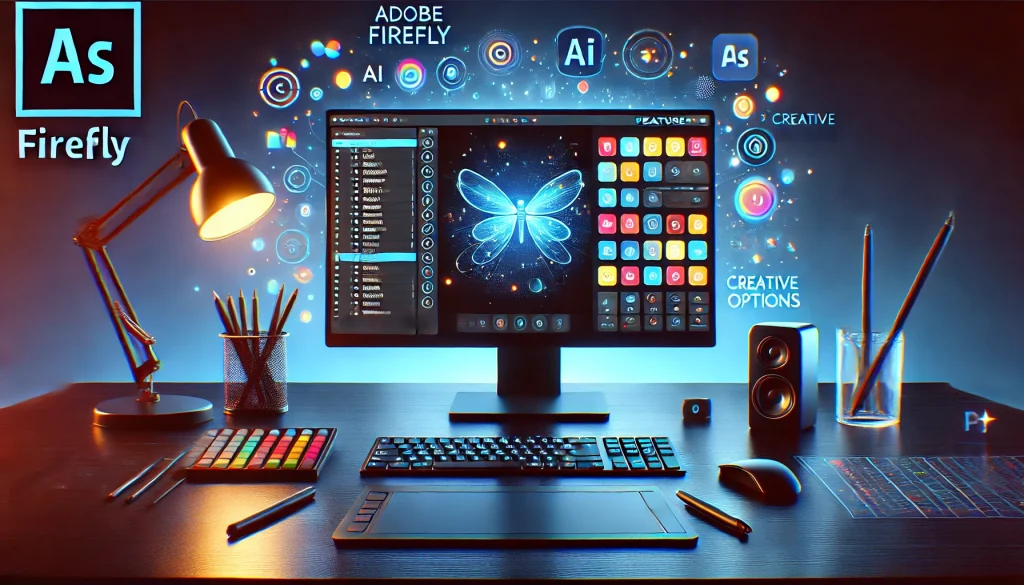 Overview of Adobe Firefly features displayed on a monitor.