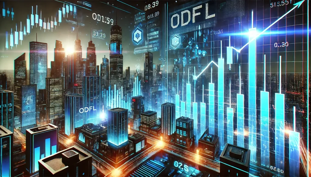 Bullish ODFL stock chart with vibrant cyberpunk cityscape and glowing numbers.