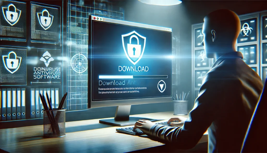 User downloading antivirus software on a computer, with a progress bar visible on the screen.