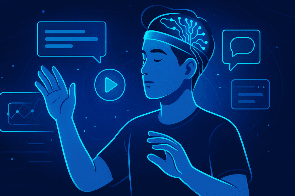 A person seamlessly interacting with digital interfaces using only their thoughts.