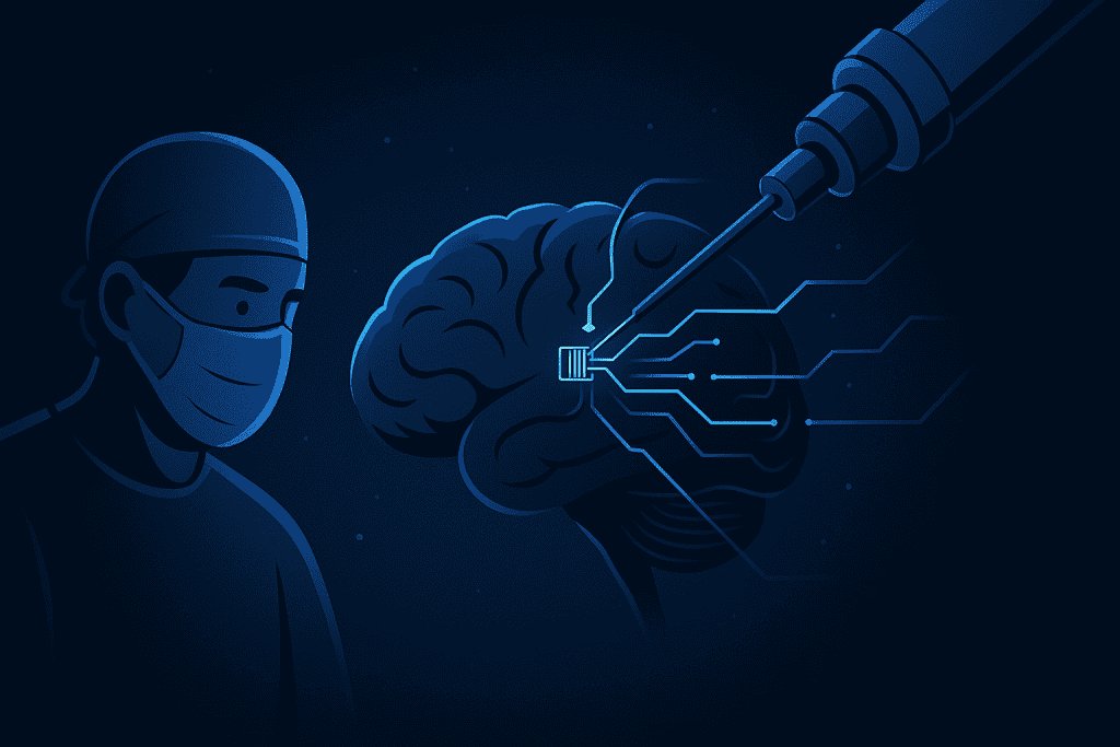The implantation of Neural Link’s tiny electrodes into the brain during a surgical procedure.