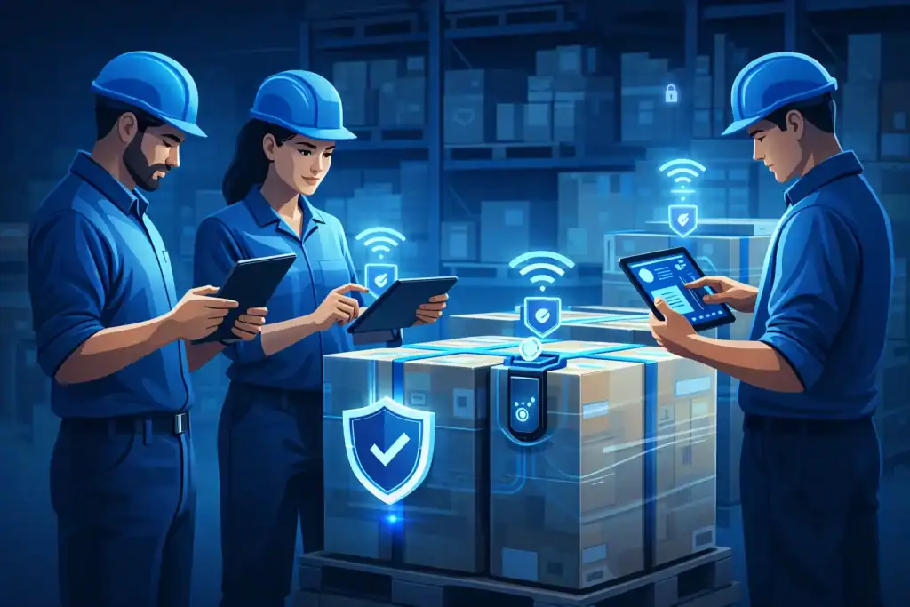 Warehouse team using tablets for supply chain security

