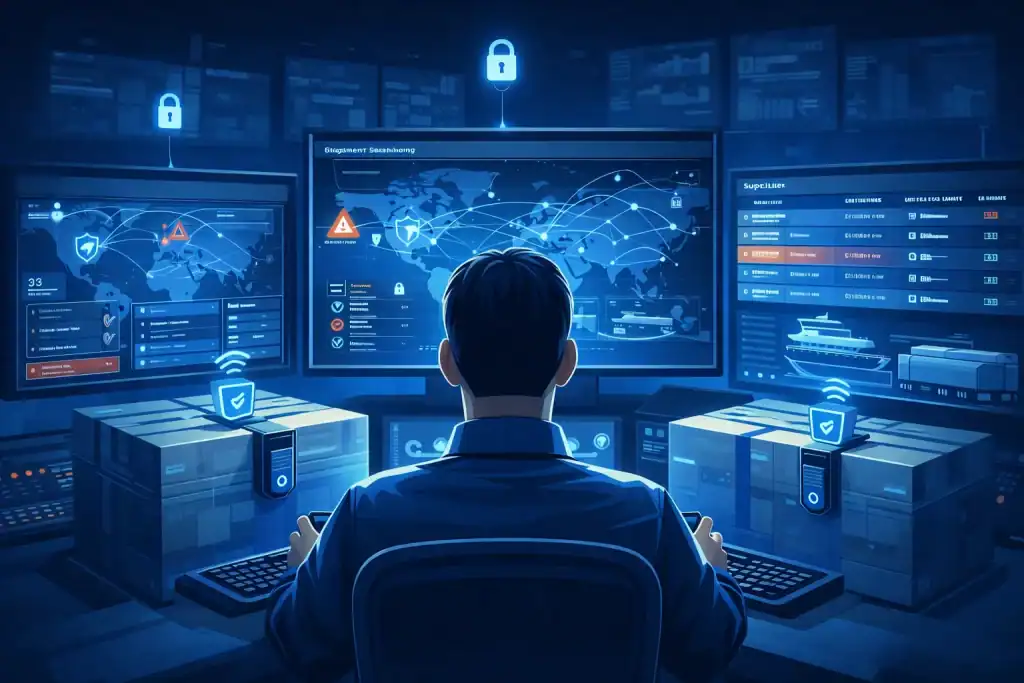 Cybersecurity analyst watching a logistics dashboard