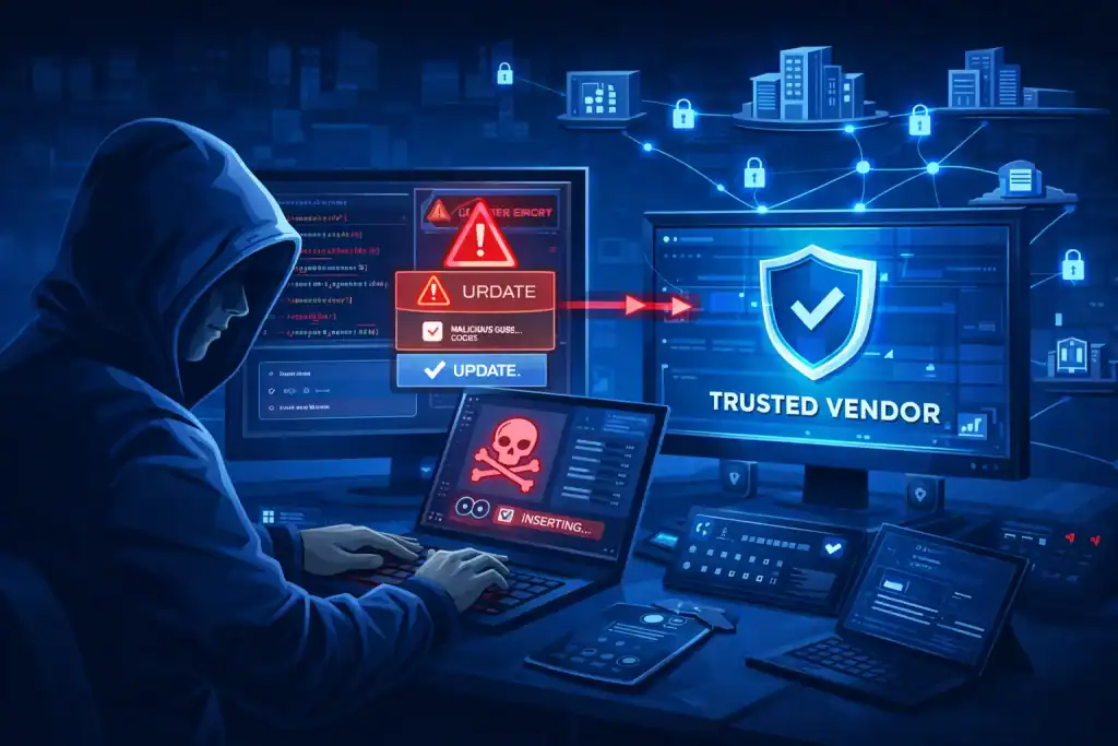 Hacker inserting malicious code for supply chain attack