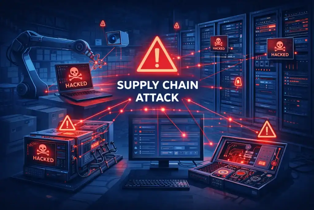 Warehouse and server room scene showing compromised hardware