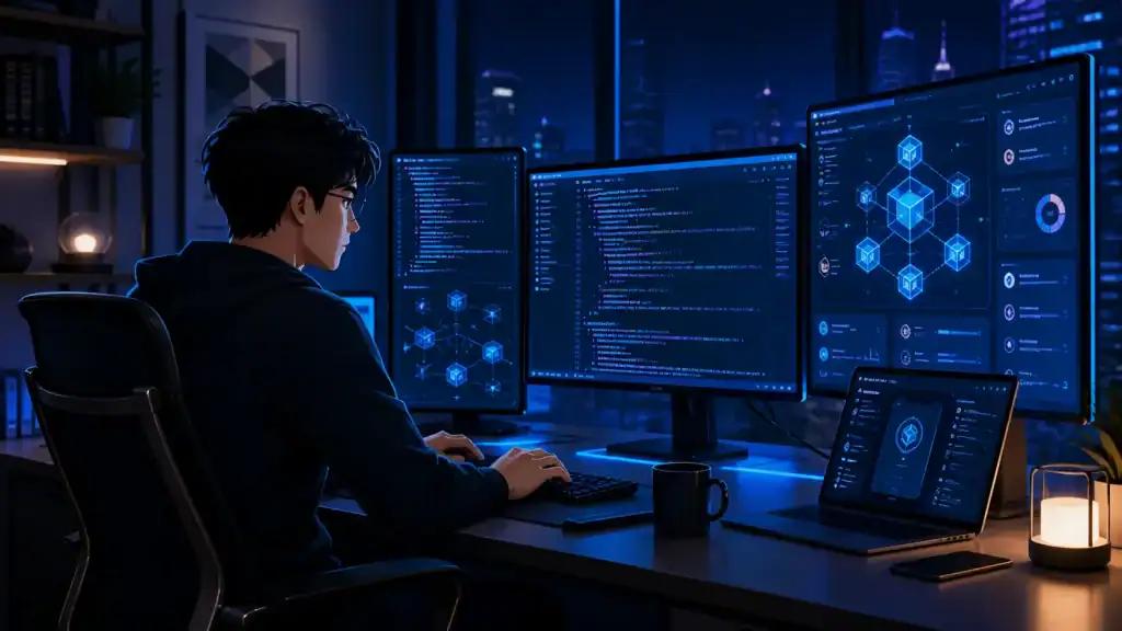 Remote blockchain developer coding smart contracts for Web3 Jobs