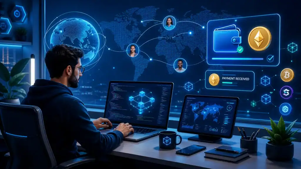 Global freelancer receiving cryptocurrency payments through Web3 Jobs while working on blockchain technology from home.