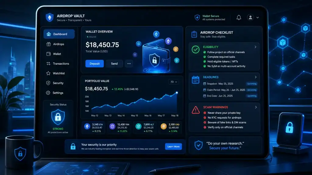 A secure digital wallet dashboard with checklist cards for eligibility