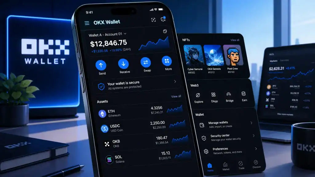 A smartphone showing the OKX Wallet app with token balances