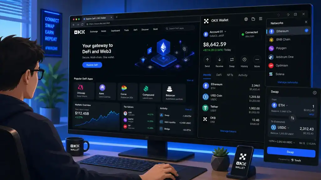 A desktop browser extension connected to OKX Wallet while a user explores