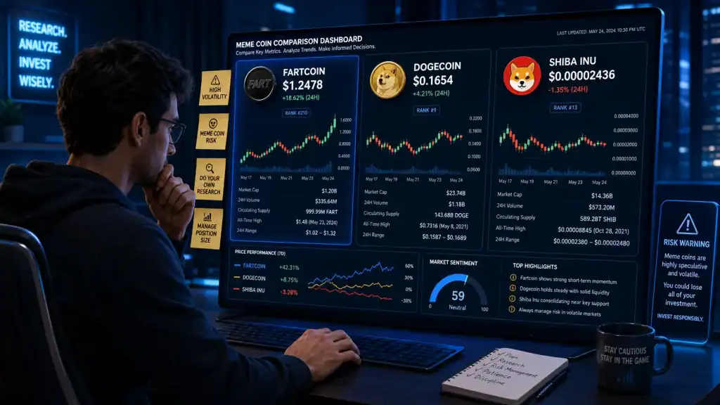 A cautious investor comparing Fartcoin Price with Dogecoin and Shiba Inu