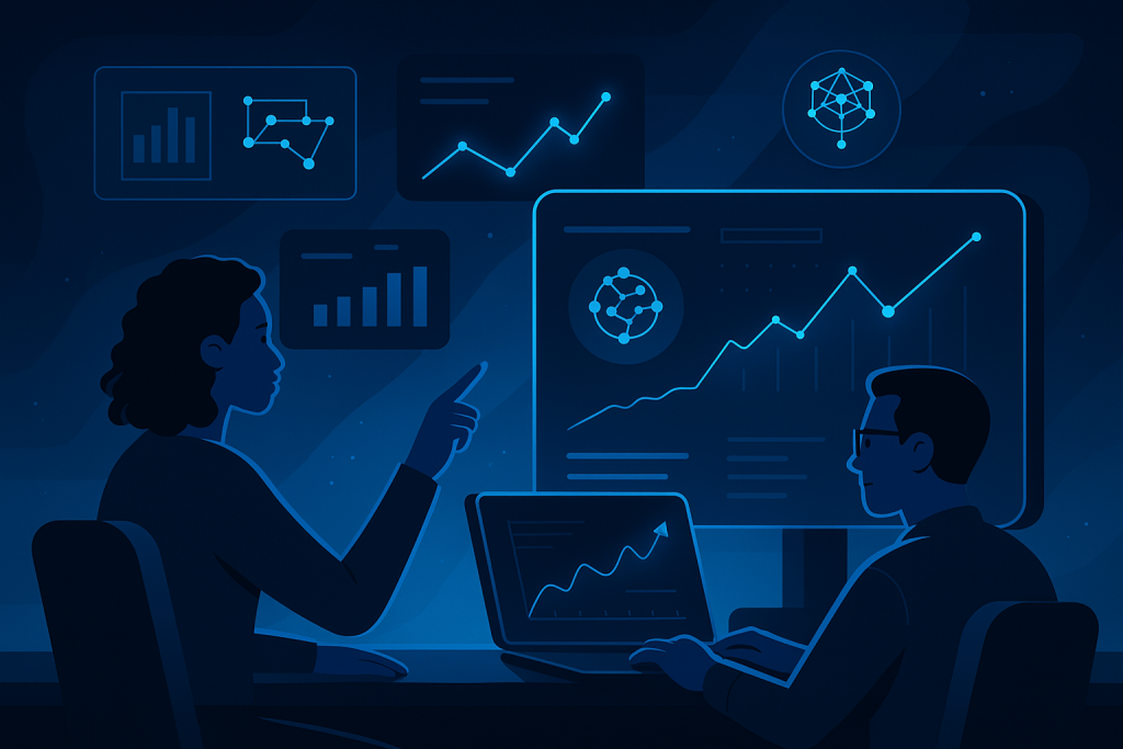 A futuristic workspace showcasing data scientists analyzing machine learning models.