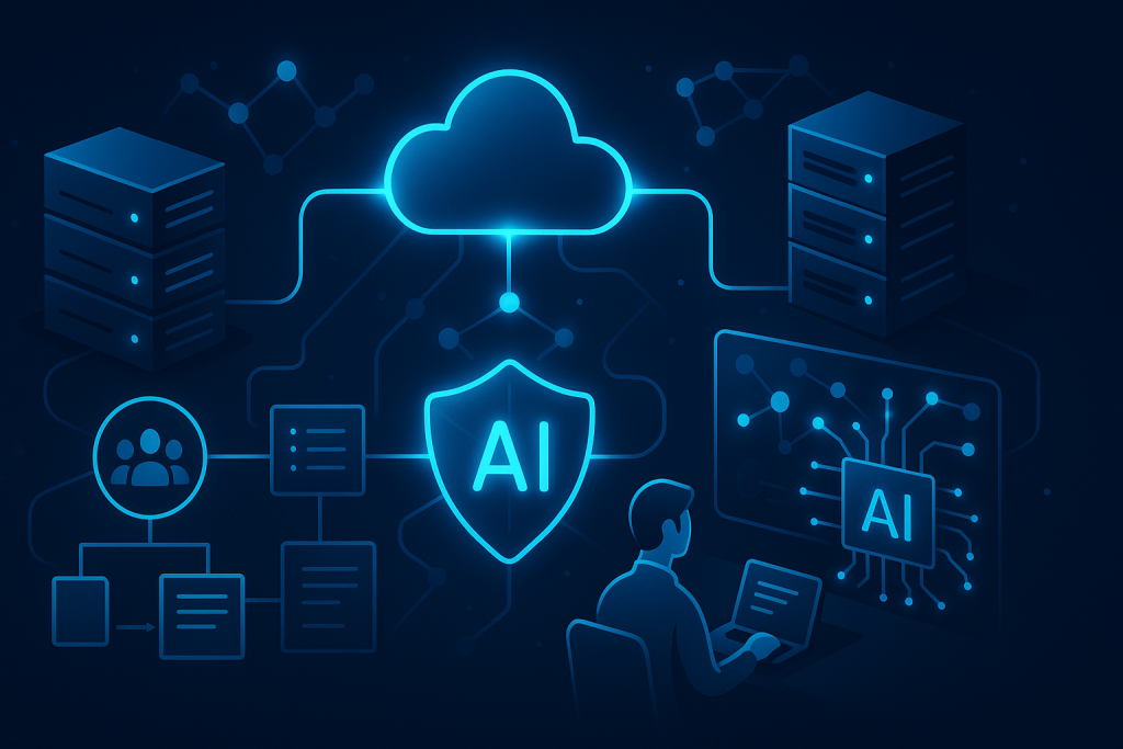 Cloud servers connected with AI tools, visualizing seamless collaboration workflows.