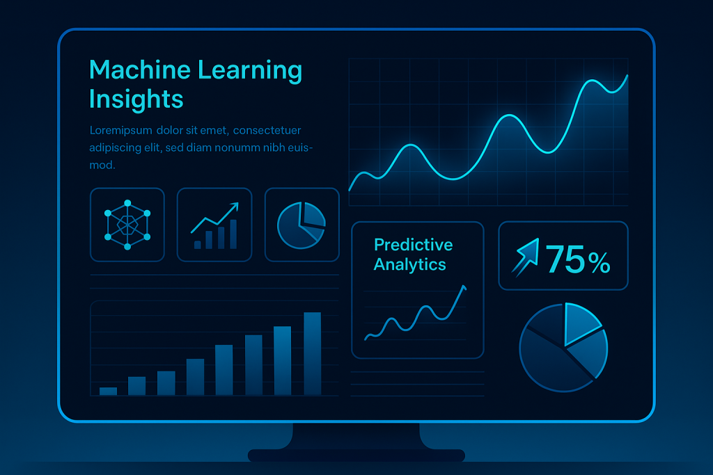 Innovative dashboard displaying machine learning insights, graphs, and predictive analytics.