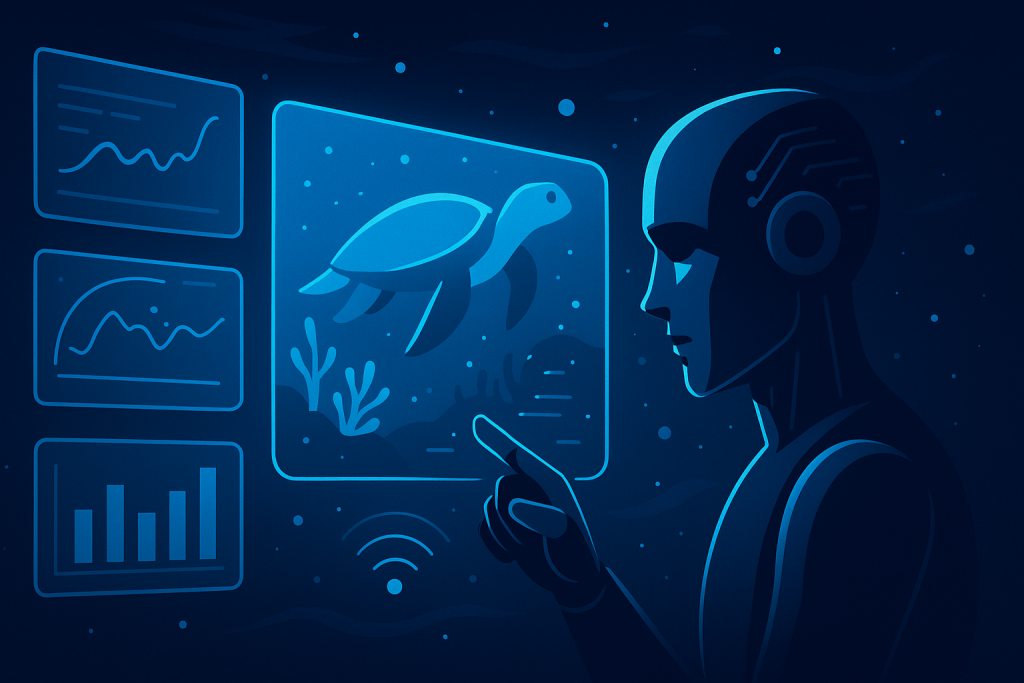 Advanced AI analyzing deep-sea data with holographic underwater visualizations.