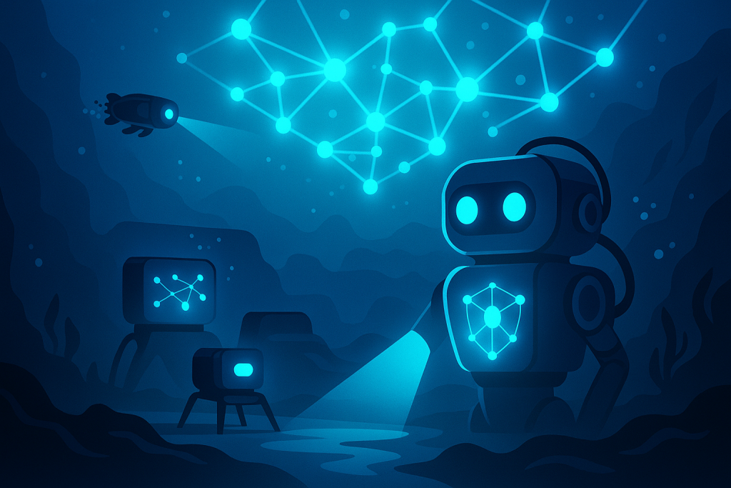 AI-powered robots mapping unexplored ocean depths with glowing neural networks.