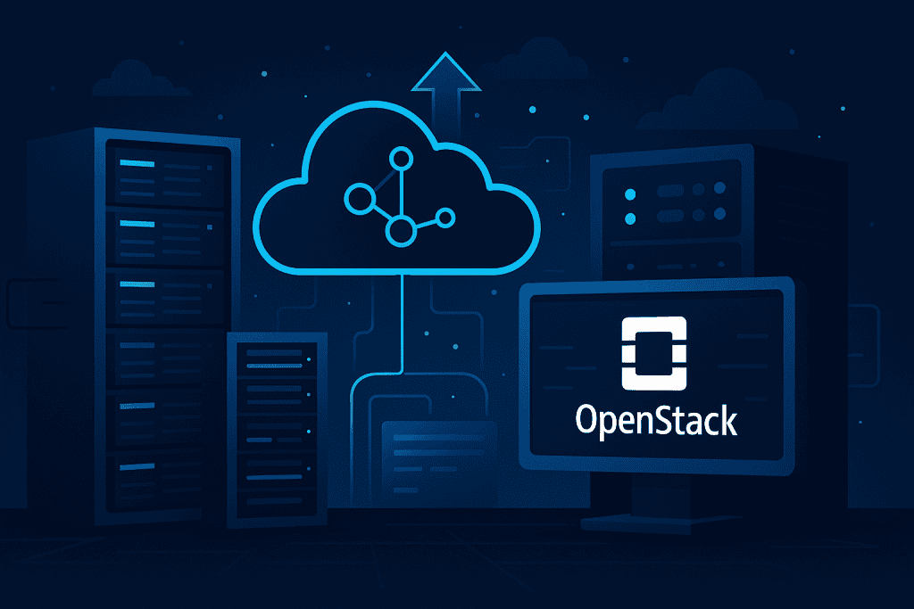 Modern data center with cloud infrastructure, servers, and OpenStack integration.